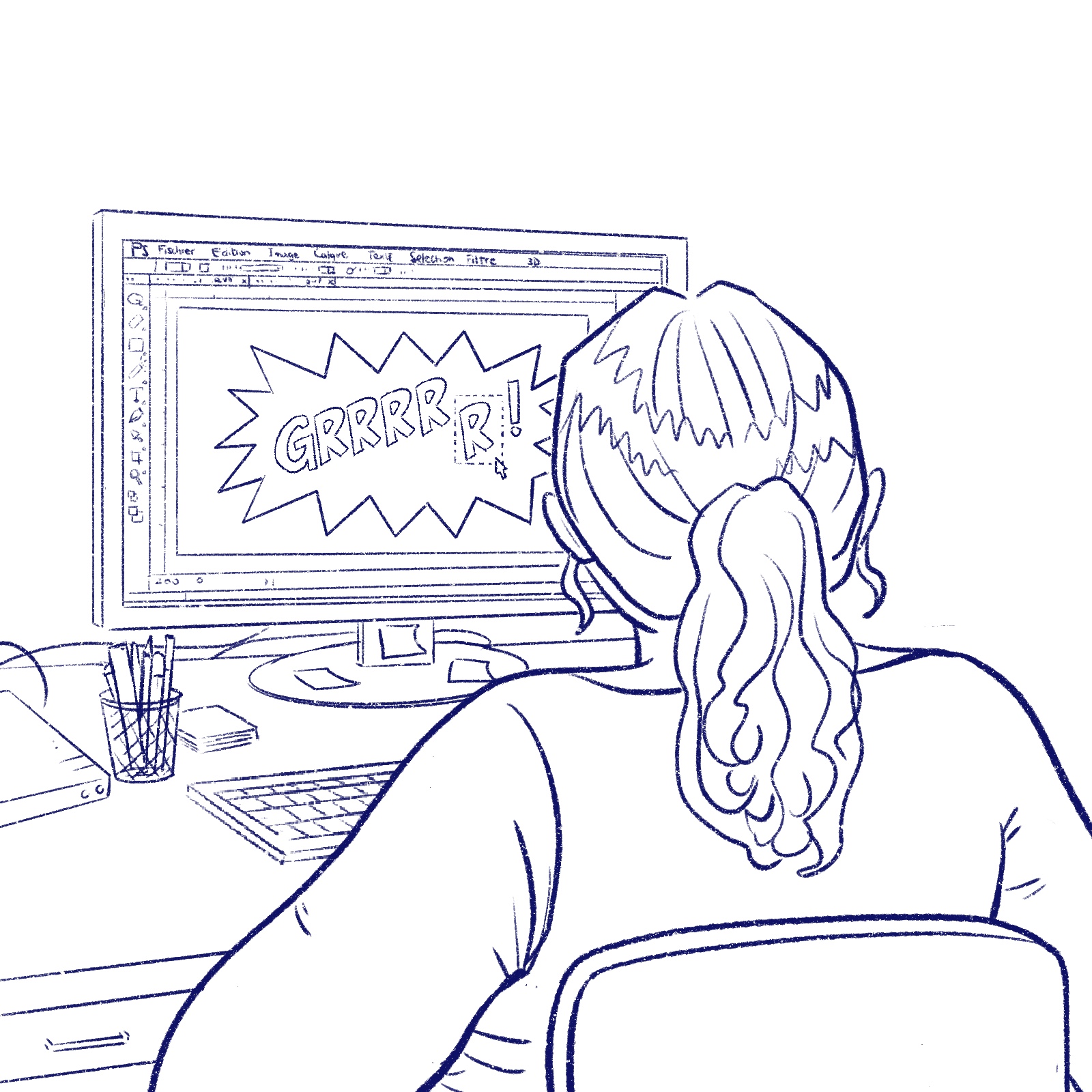 Corporate illustration, artist working at a computer